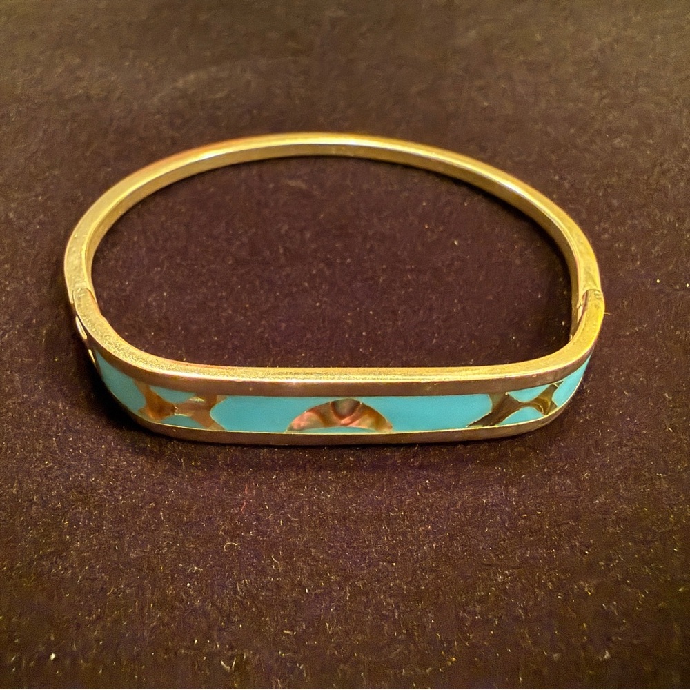 Vintage Turquoise and Abalone Bracelet Hinged Stamped 925 and Mexico.